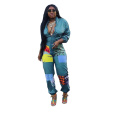 C3693 wholesale Sexy lady long sleeve leisure  loose printing zipper jumpsuit women sexy casual clothing 2020 hot selling